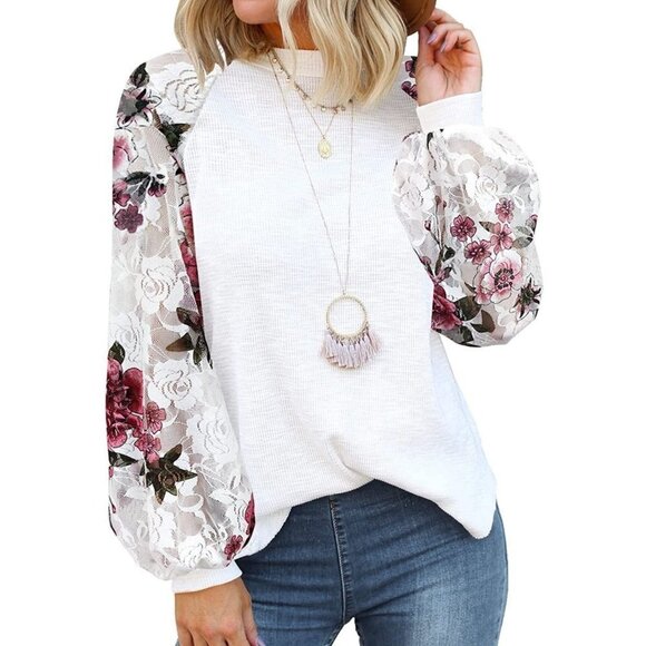 Miholl White Thermal Knit Floral Lace Balloon Sleeve Top Size M - Picture 1 of 6